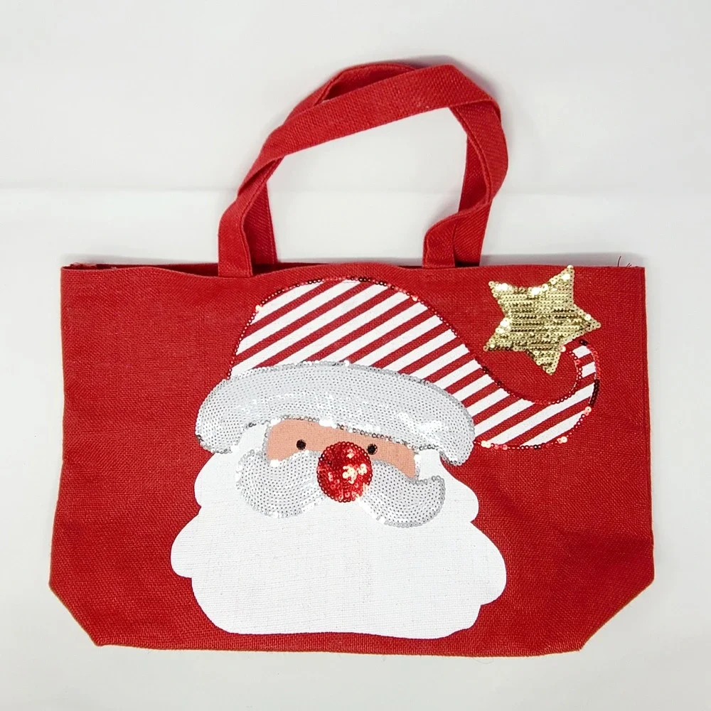 Hobby Lobby Santa Christmas Tote Bag Red Burlap Sequin Large Holiday